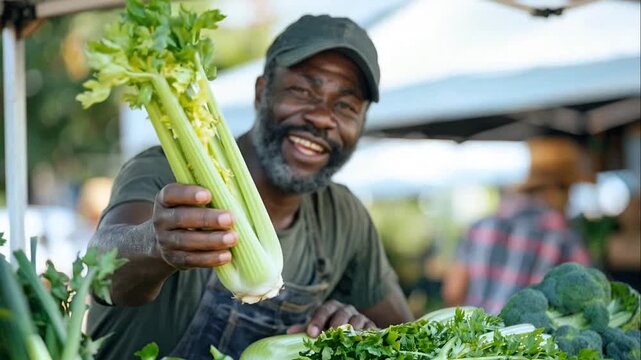 Smiling African American farmer standing behind a stall of fresh vegetables at an outdoor farmers market on a sunny day