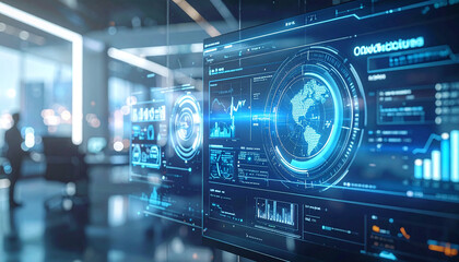 Fototapeta premium Futuristic Tech Display: A high-tech digital interface showcases a world map and complex data streams on a glowing screen in a modern office setting.