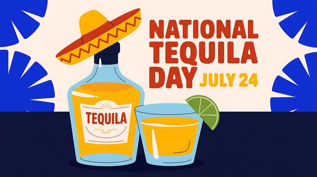 National tequila day celebration graphic with bottle glass and lime slice illustration cocktail celebration