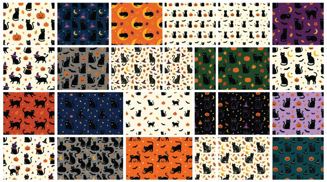 Set Of Seamless Patterns With Black Cats, Pumpkins, And Halloween Elem