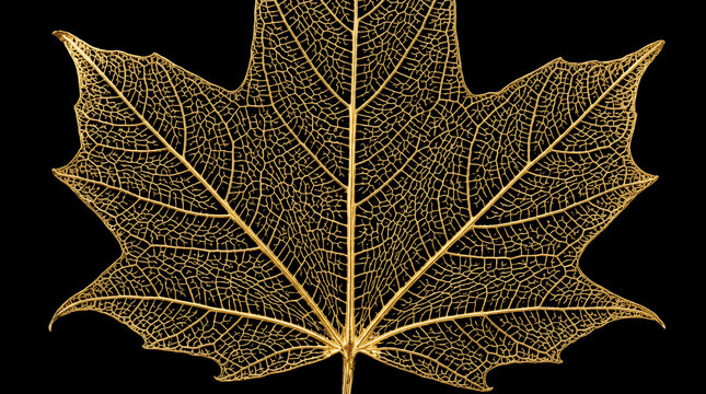 Maple leaf skeleton displays intricate golden veins arranged in a delicate pattern against a deep black background, showcasing the natural structural complexity of autumn foliage in high detail.