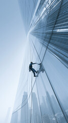Fototapeta premium Male worker cleaning glass skyscraper with harness in urban setting.