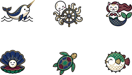Cute Nautical Lapel Pin Icon Set Featuring Narwhal Octopus Captain Wheel Cat Mermaid Sea Turtle Oyster Pearl and Pufferfish Badges © DarparajDab