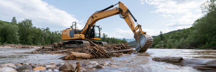 Fototapeta premium Excavator clearing debris from river, showcasing heavy machinery in action.