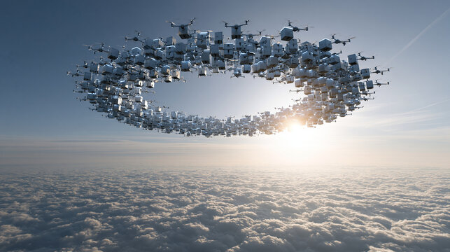 A futuristic ring of drones hovering in the sky during sunset.