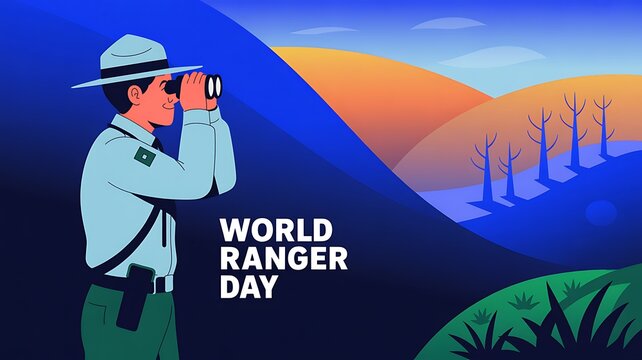 World ranger day concept illustration with park ranger observing landscape with binoculars, wildlife