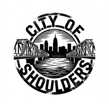 Vintage Cityscape Bridge Illustration with Urban Skyline and Water Reflection in Monochrome Style