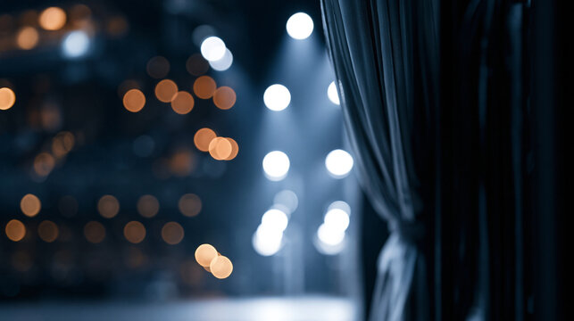 A dimly lit theater view from backstage, showcasing soft blue tones and bokeh lights.