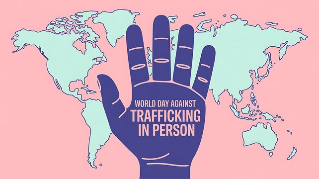 World day against trafficking in person conceptual poster with human hand icon over world map background, awareness
