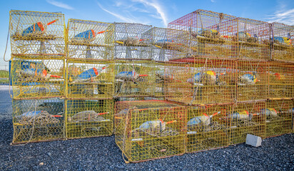 Crab pots stacked near a crab house along the Chesapeake Bay, Maryland.  © Tom Dorsz