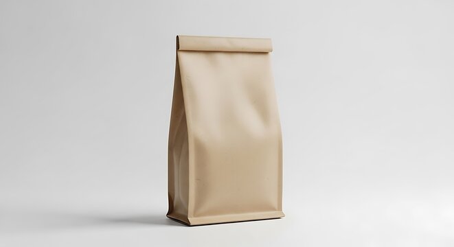 Empty kraft paper lunch bag standing upright on flat surface