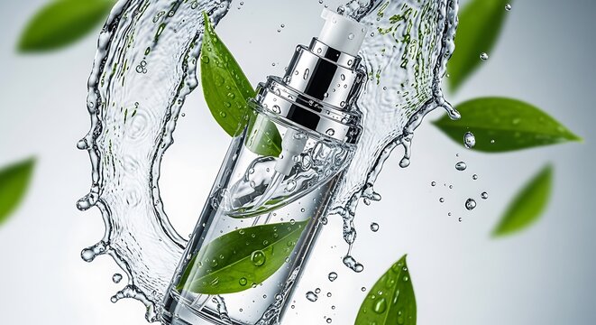 Green essential oil bottle pouring liquid with leaves and water splash effect