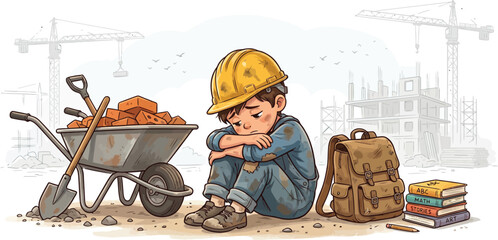 Sad boy sitting near wheelbarrow full of bricks at construction site child labour vector illustration