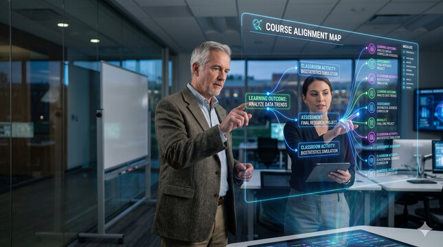 Two professionals collaborate on curriculum design using an interactive digital course alignment map showing learning outcomes, assessments, and classroom activities.