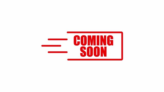A red coming soon speed label on white with motion lines, ideal for launch announcements, quick teasers, and dynamic animated message graphics.