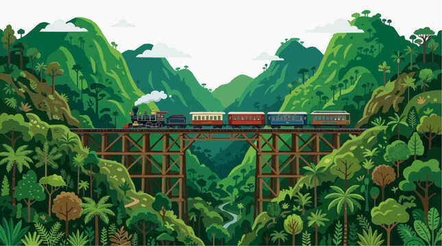 Vector illustration depicting a lush tropical landscape with a steam train crossing a trestle bridge.