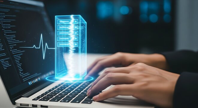 Laptop with holographic heartbeat over server tower for it health monitoring.