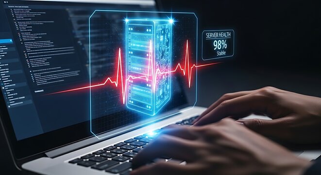 Laptop with holographic heartbeat over server tower for it health monitoring.