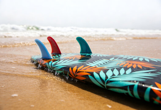 Vibrant surfboard with colorful fins on sandy beach by ocean waves