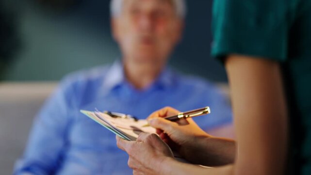 A caregiver talks to an older man in a comfortable indoor space. The caregiver writes notes while listening and engaging with the man during their discussion.