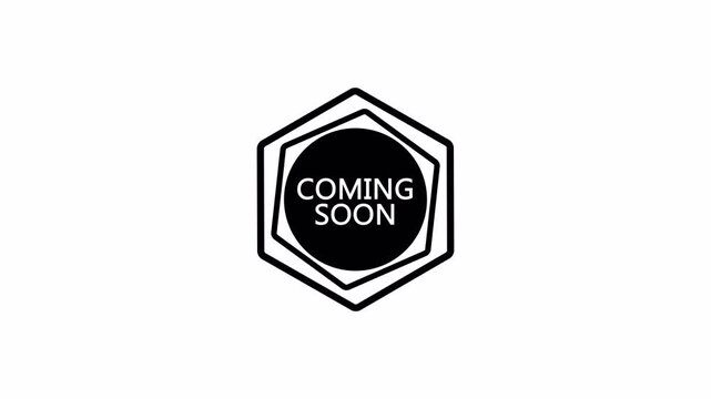 An outlined coming soon hexagon badge on white, designed for launch announcements, teaser reveals, and clean minimal animated title graphics.