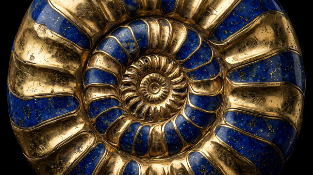 Ammonite fossil is intricately inlaid with shimmering lapis lazuli and polished gold, creating a spiral pattern that highlights the fusion of ancient natural history and fine jewelry craftsmanship.