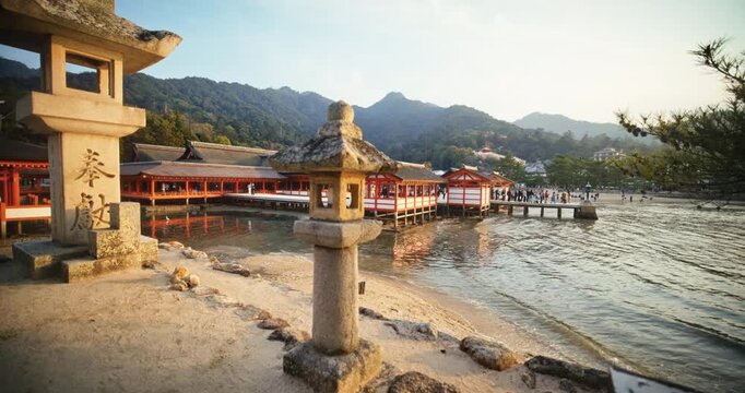 Itsukushima Shrine Stone Lanterns and Tidal Flats, Miyajima Japan - Steady Cam Movement
