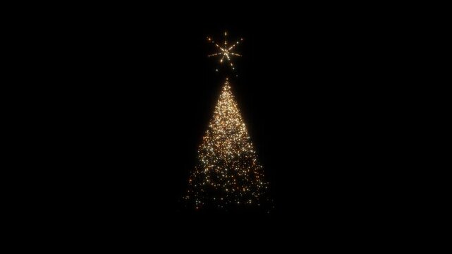 Golden Chrismas tree simple shape on dark background, minimal geometric festive banner with sparkling particle lights and firework star. Happy new year, Merry Christmas concept