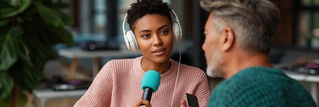 Young woman interviewing man in casual indoor studio environment