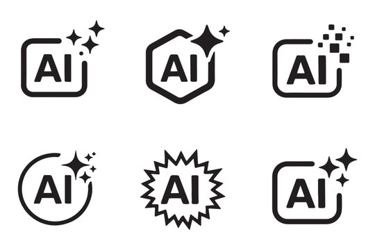 Generative ai sparkle icon set for adobe illustrator, vector collection of clean star symbols, shiny glitter effects in black and gradient for new magic features. 