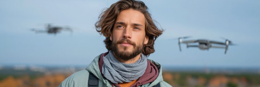 Man monitoring drones hovering in outdoor countryside scene