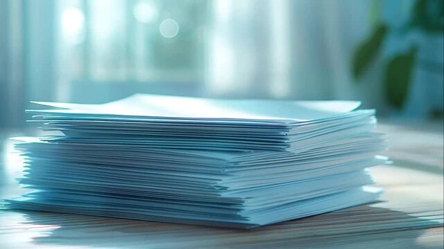 Stack of blue papers resting on a wooden desk in a bright office environment with natural sunlight