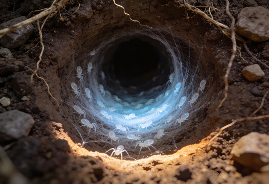 Spiders gathered around a deep hole with intricate web in the ground