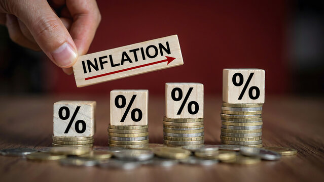 Hand Adjusting Percentage Coins on Wooden Surface Showing Inflation Concept