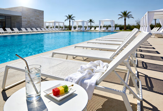 Relaxing poolside scene with white lounge chairs and refreshing summer drinks