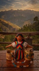 Fototapeta premium Traditional woman preparing food by river at sunset.
