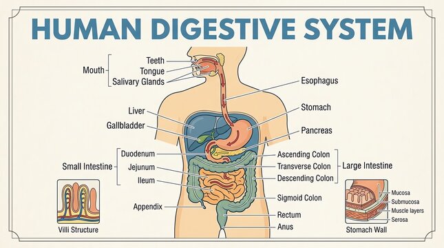 Human Digestive System Anatomy Diagram for Education and Medical Reference.