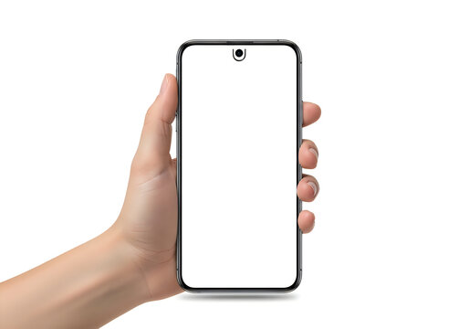 A hand holding a modern smartphone with a blank screen in portrait mode isolated on white background