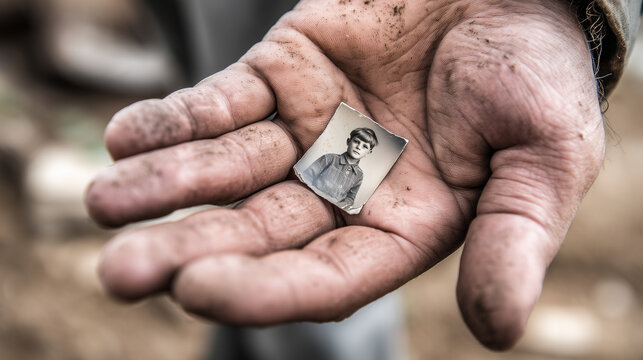 Close-up dirty hand holding small old portrait photograph, emotional documentary image about homelessness, poverty, lost family memory, human vulnerability, social support, compass
