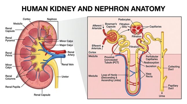 Human Kidney and Nephron Anatomy Diagram for Medical Education.