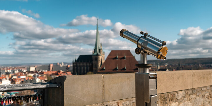 Erfurt, Germany - March 27, 2026. Viewing Telescope and Locks Above Erfurt