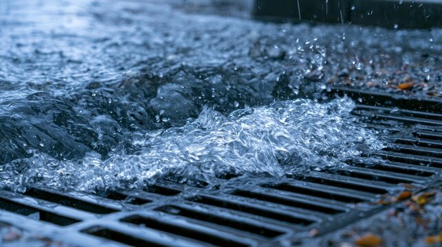 Rain falls onto a metal grate while water begins to collect and flow down the drain on a wet day in the city