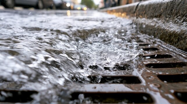 Water flows into a drain on a city street during a rain event in the late afternoon