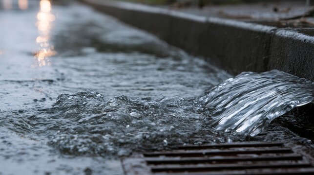 Water flows from a metal drainage into the street during rain in an urban area in the evening hours