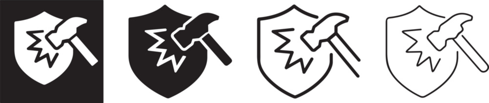 Impact resistant shield and hammer icon set.