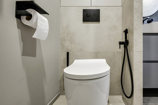 toilet and detail of a corner shower bidet with wall mount shower attachment