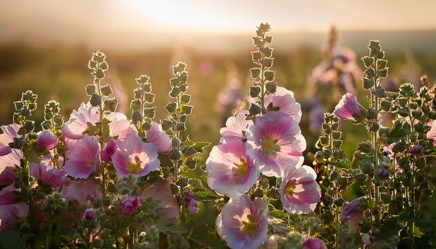 Alcea Rosea Blooms In Field Common Hollyhock Flowers