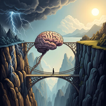Man walking on bridge with brain above and lightning in the mountains landscape transparent background
