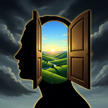 Person silhouette with open door revealing green landscape and sunny sky transparent background