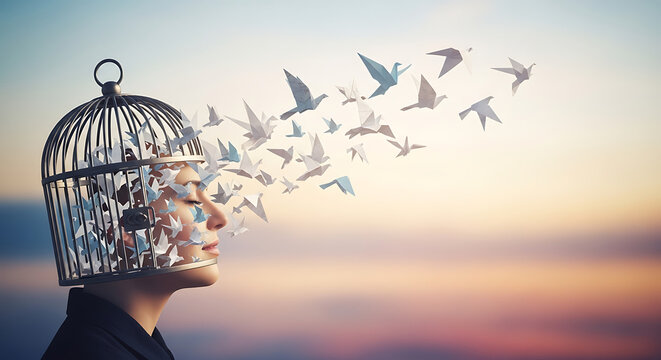 Woman with birdcage on head and paper cranes flying out freely at sunset transparent background